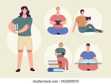 group of five readers reading books characters vector illustration design