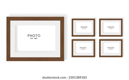 Group of five realistic photo frame mock up on white wall design, photo frame mock up vector illustration templates