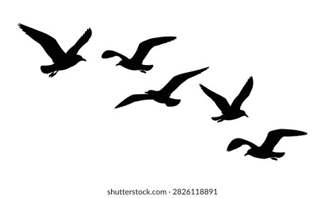 A group of five seagulls flying in a formation, depicted as black silhouettes against a plain white background.