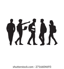 Un grupo de cinco personas en forma de silueta caminando hacia adelante un gesto con un documento