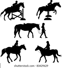 A group of five silhouettes featuring  horses and children