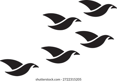 Grupo de cinco simples y estilizadas siluetas de pájaro negro volando en formación a través del marco. Representa la libertad, la naturaleza, la migración, el viaje y la aspiración. Ilustración vectorial minimalista del elegante movimiento aviar.