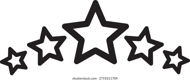 Grupo de contornos de cinco estrellas dispuestos en una formación de arco aislado en el símbolo del fondo blanco para la calificación de cinco estrellas y la excelencia de alta calidad