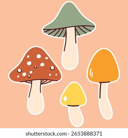 Group of five stylized mushrooms in different colors and shapes placed on peach background. Decorative botanical illustration