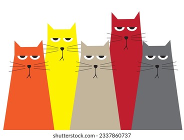 Group of five very unhappy bright colorful red orange yellow brown gray angry cats expecting foot for too long time, terrible expression