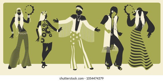 Group Of Five Wearing Hippie Clothes Of The 60s And 70s Dancing 