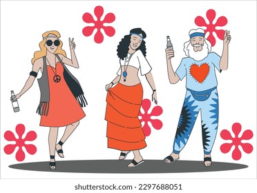 Group of five wearing hippie clothes of the 60s and 70s dancing. Happy young people dancing outdoor at festival event - Party and entertainment concept