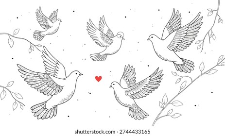 Group of five white doves flying gracefully among delicate tree branches with small leaves and a single red heart symbol for peace and love.