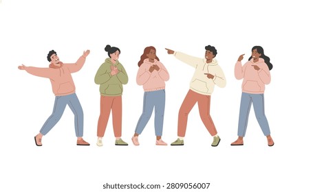 Group of five young adults in casual hoodies demonstrating various emotional states and hand gestures in a studio environment against white.