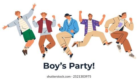 Group of five young men jumping with joy and excitement in casual clothing. Ideal for friendship, celebration, youth, happiness, lifestyle. Modern and lively, flat design style