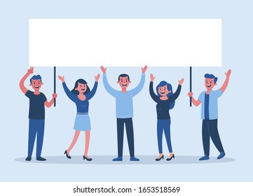 Group of five young people holding a banner above their heads. Vector illustration isolated on blue background.