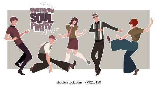 Group Of Five Young People Wearing Retro Clothes, Dancing Mod Or Northern Soul Style