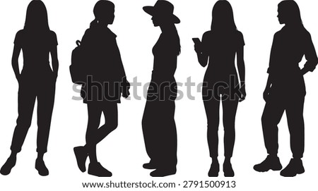 Group of five young women silhouettes standing in a line