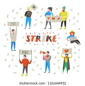 Group of Flat Angry People Protesting at Strike. Characters Picketing Against Something with Banners and Placards. Demonstration, Protest, Picket. Vector illustration