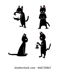 Group of flat black cats, who are playing with a mouse and a plate of milk
