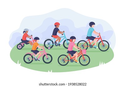 Group of flat children riding bicycles in the park.
