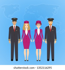 Group of flat cute cartoon people of aircraft characters in air uniform. Set of people aviation professions, pilot, captain and airline staff. Vector illustration, eps 10
