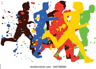 Group Of Flat Man Marathon Runners,colors Vector