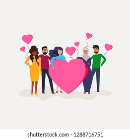 Group of flat people in different age and gender holding big hearts. Concept of blood donation, giving love, help, support or valentines day, 14 february