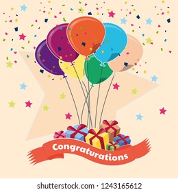 Group of flat style vector balloons isolated on big star as background and bunch of gift box.