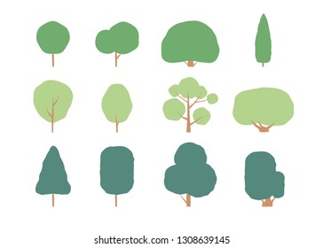 Group of flat vector trees in three shades of green. Different types and shapes that have a cohesive clean and elegant look. Editable on any vector software such as Adobe Illustrator. 