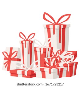 Group of flat white and red cardboard gift boxes with colored ribbons flat vector illustration on white background