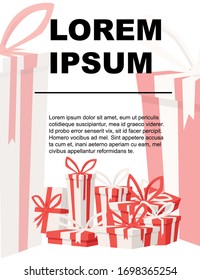 Grupo de cajas de regalo planas de cartón blanco y rojo con cintas coloreadas, ilustración vectorial plana sobre fondo blanco
