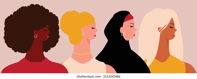 Group Of Flat Women From Different Traditions, Cultures. Entrepreneur Females Poster From Multicultural Backgrounds. Women's Empowerment, Gender Equality, Feminism Rights Concept. Vector Illustration.