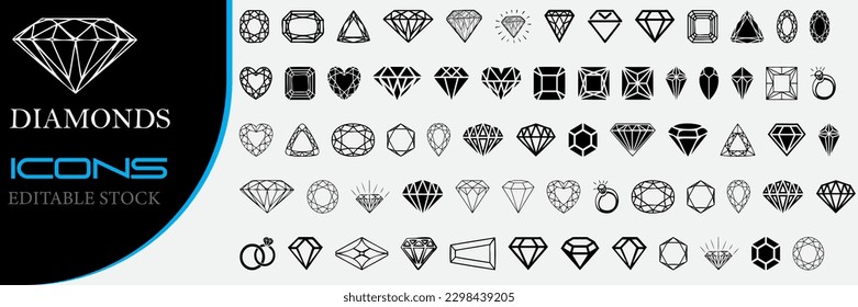 A group of flat-style diamond icons from the abstract black diamond collection outline a line. diamond-shaped vector icon logo design.