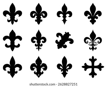 Grupo de Fleur De Lis Silhueta isolado fundo branco. Ilustração de vetor