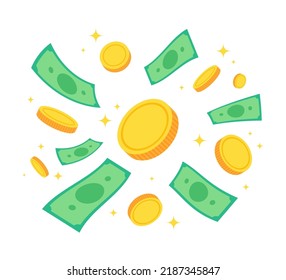 Group of floating golden money coins and banknotes. Creative financial concept of wealth, rich or savings. Trendy cute cartoon object vector illustration. Graphic design element icon.