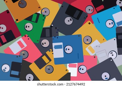 group of floppy disk full color. Old digital memory of computer technology in 90s