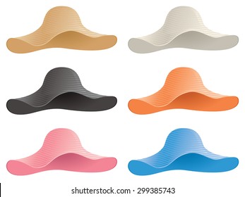 A group of floppy sun hats in solid colors.