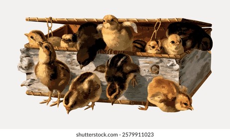 A group of fluffy chicks in various shades of brown and yellow, gathered around and inside a rustic wooden box. The chicks appear curious and lively. Vintage bird illustration vector.