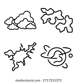 Grupo de nuvens fofas, formas de fluido orgânico abstrato, padrões de entalhe de tinta e conjunto de ícones de contorno de planeta em órbita