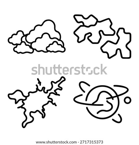 Group of Fluffy Clouds, Abstract Organic Fluid Shapes, Ink Splat Patterns, and Orbiting Planet Outline Icons Set