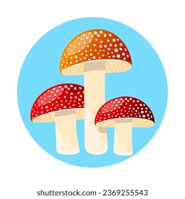 Grupo de Fly agaric con hongos de capucha roja y puntos blancos de ilustración vectorial