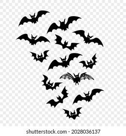 Group of flying bats over white background