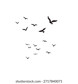 Group of flying bird silhouettes isolated on white background showing movement, migration, and freedom.