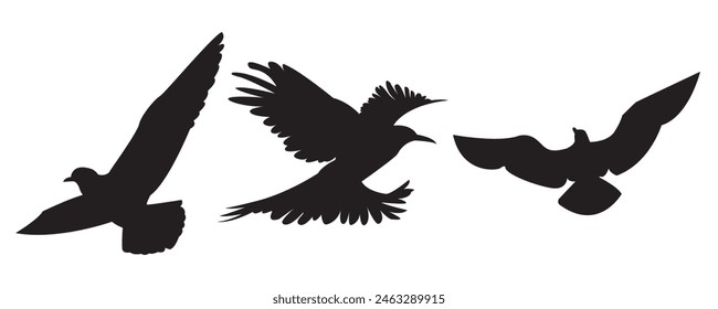 group of flying birds silhouette illustration Vector, Vector silhouette flying birds,