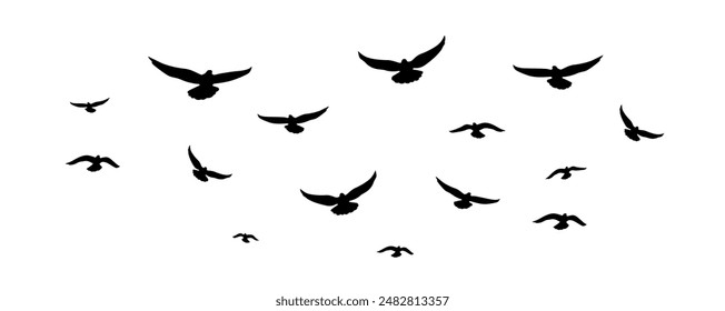 Group of flying birds silhouette illustration. Birds fly away background. Isolated bird flying. Tattoo design