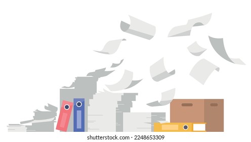 Group of flying or falling vector white papers. A pile of paper documents and work. Green, blue and yellow office file organiser. Brown carton box containing documents. Messy office design elements.