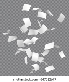 Group of flying or falling vector white papers isolated on transparent background