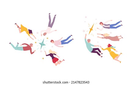 Group of Flying Man and Woman Floating in the Air Fantasizing Vector Set