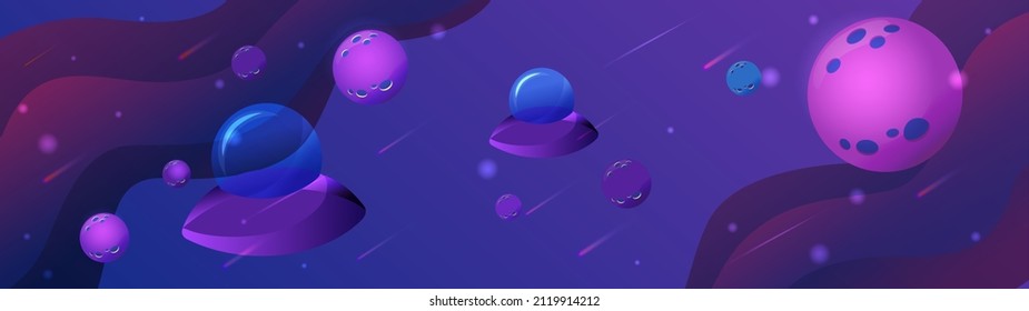 A group of flying saucers in open and mysterious space. Horizontal banner for the World Day of UFO. The mood of mysticism and the unknown in purple and blue colors.