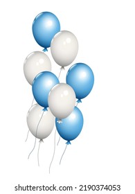 Group with flying white and blue helium balloons,
Vector illustration isolated on white background
