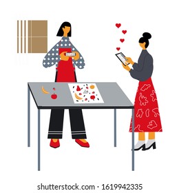 Group of food bloggers creating a content to share with followers. Young girl makes a photo of fruits. Another woman writing massages. Flat cartoon vector illustration.