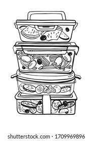 Group of food containers with pasta and vegetables. One on the top of the other. Hand drawn vector sketch illustration