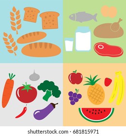 Group of food flat design, carbohydrate, protein, vitamin and dietary mineral