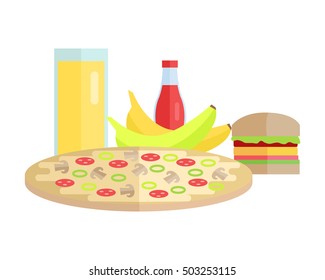 Group of food vector illustration. Flat design. Collection of various food and drink: juice, pizza, banana, hamburger, ketchup on white background for diet, menus, signboards illustrating, web design.